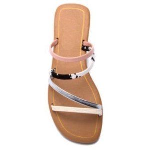 Strappy Slide Sandals in Blush Pink & Cow Print